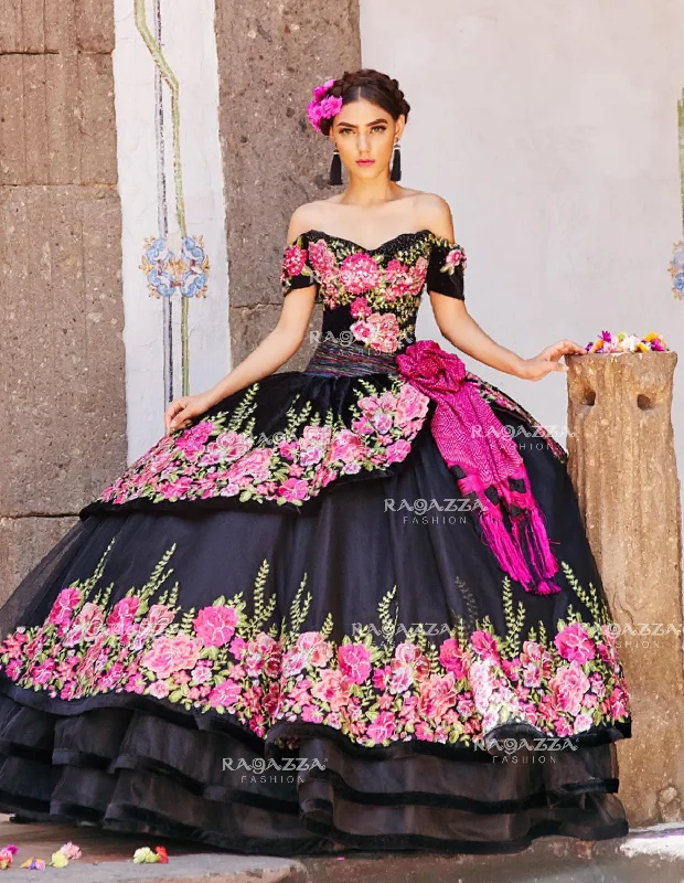 Evening dress with chic fabric-Floral Charro Quince Dress by Ragazza MV15-115