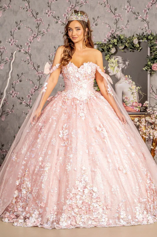 Evening dress with opulent details-Floral Off Shoulder Cape Sleeve Ball Gown by GLS Gloria GL3465