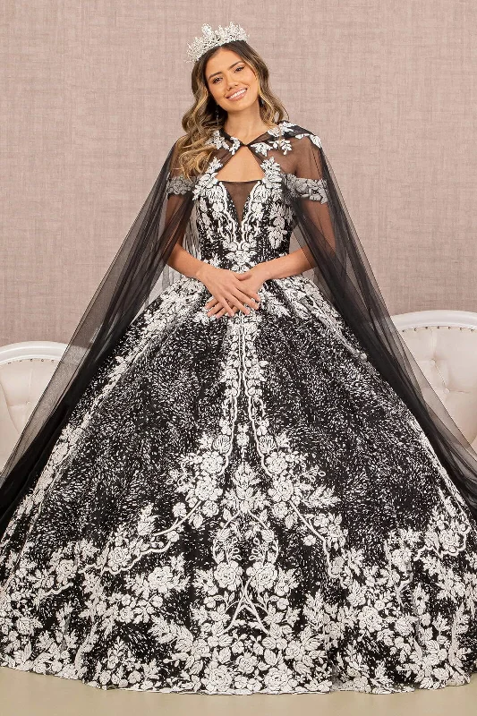 Evening dress for spectacular event-Floral Print Cloak Ball Gown by Elizabeth K GL3168