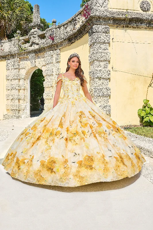 Evening dress with intricate accents-Floral Print Cape Quinceanera Dress by Amarra 54208