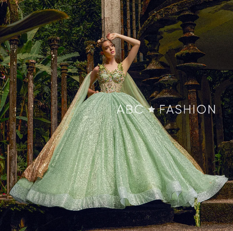 Evening dress with beaded straps-Glitter Cape Quinceanera Dress by Ragazza EV29-629