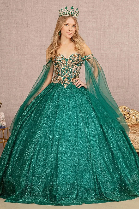 Floor-length evening dress for formal event-Glitter Cape Sleeve Ball Gown by Elizabeth K GL3139