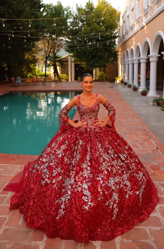 Evening dress for extraordinary gathering-Glitter Print Cape Sleeve Quinceanera Dress by Amarra 54322