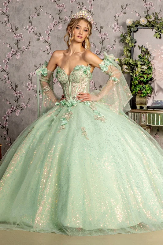 Elegant evening dress with intricate detailing-Glitter Strapless Bell Sleeve Ball Gown by GLS Gloria GL3486