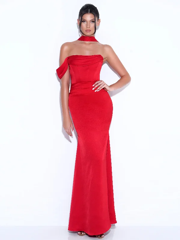 Evening dress for chic celebration-Ivona Red Halter Neck Double Duchess Satin Gown