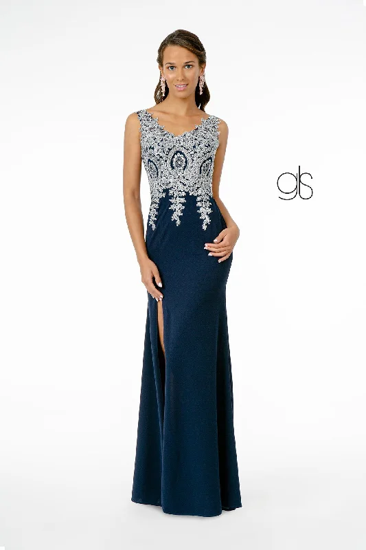 Evening dress for festive evening-Lace Applique Long Fitted V-Neck Dress by Elizabeth K GL1839