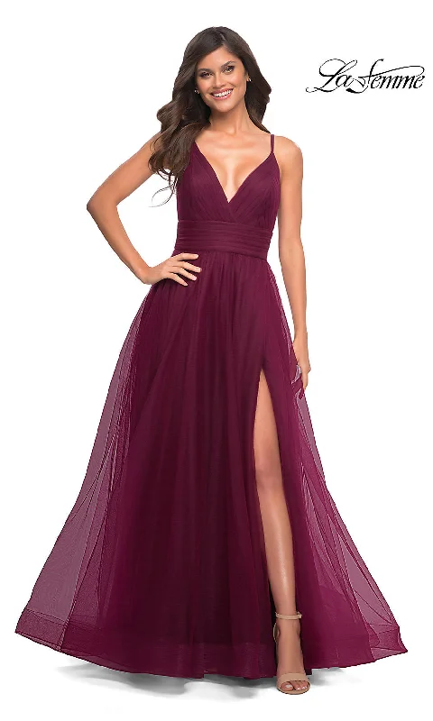 Classic evening dress with satin-La Femme V-Neck Long Tulle Prom Ball Gown