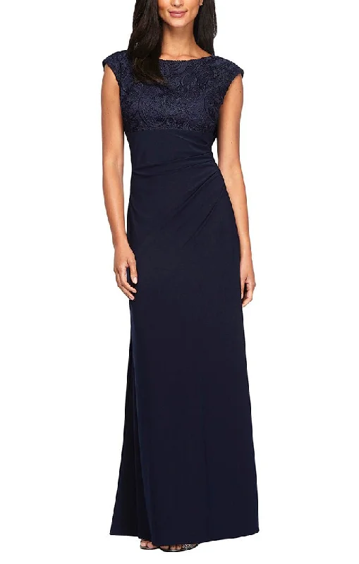 Evening dress for royal event-Long Empire Waist Lace and Jersey Gown with Side Ruched Skirt and Cowl Back Detail