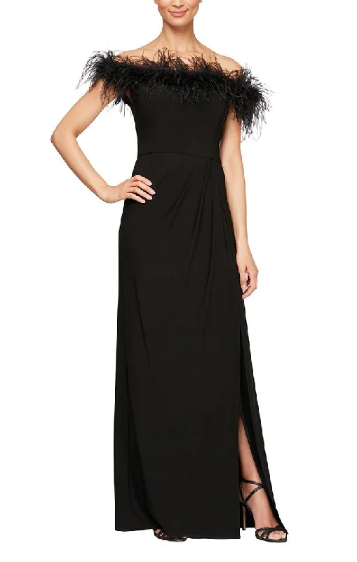 Evening dress with flared sleeves-Long Off-the-Shoulder Jersey Gown with Front Slit & Maribou Detail Neckline