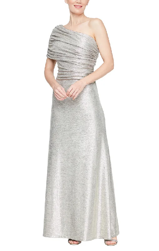 Evening dress with intricate sequin pattern-Long One Shoulder Metallic Knit Gown with Ruched Detail