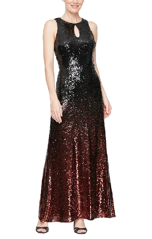 Evening dress with sparkling bodice-Long Sleeveless Ombre Sequin Gown with Keyhole Cutout Neckline