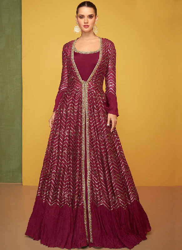 Evening dress with intricate pleating-Maroon Embroidery Jacket Style Anarkali Gown