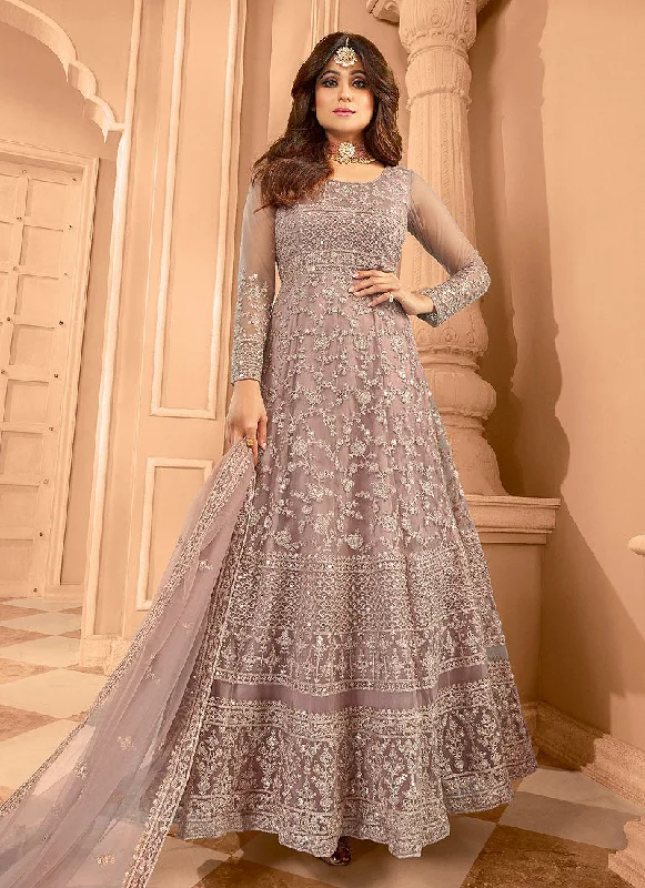 Evening dress with chic silhouette-Mauve Multi Embroidered Anarkali Gown