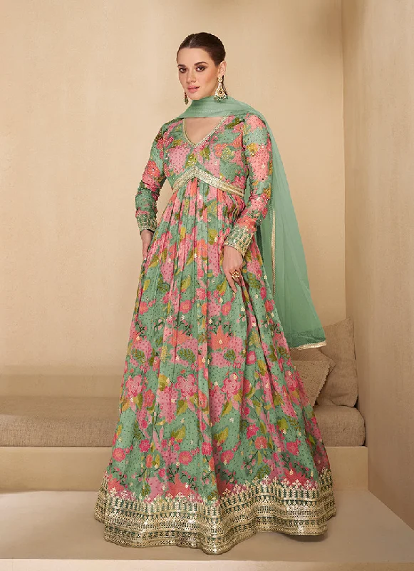 Evening dress for black-tie affair-Mint Green Digital Printed Embroidered Anarkali Gown Dress