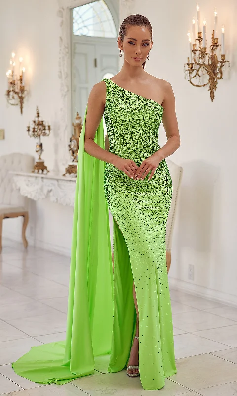 Summer maxi dresses with deep v-neck-One-Shoulder Cape Long Beaded Formal Dress