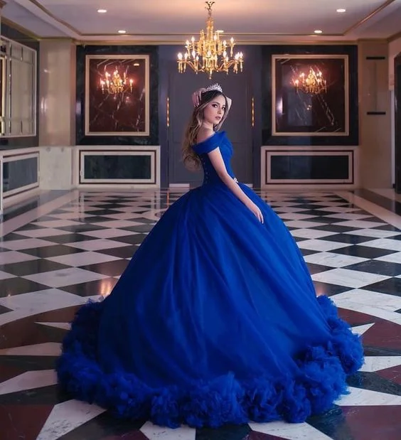 Evening dress with crystal embellishments-Off Shoulder Ball Gown Women Royal Blue Ruffle Princess Sweet 16 Dress  cc72