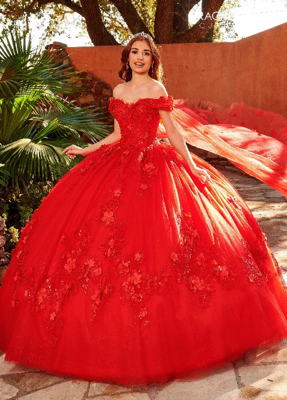 Evening dress with intricate folds-Off Shoulder Cape Quinceanera Dress by Rachel Allan RQ2160