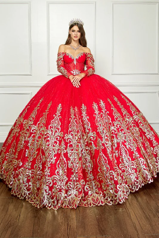 Evening dress with luxe details-Off Shoulder Long Sleeve Ball Gown by Petite Adele PQ1065