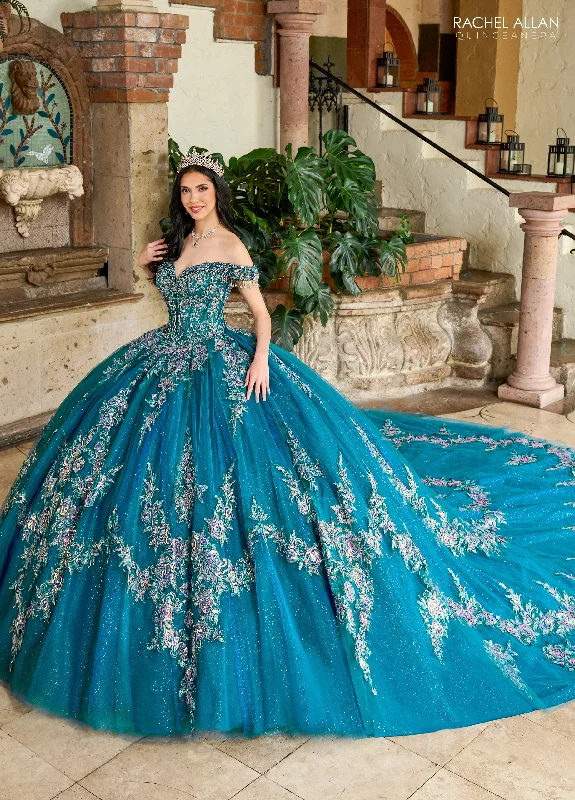 Evening dress with feather trim-Off Shoulder Quinceanera Dress by Rachel Allan RQ2205