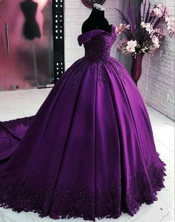 Evening dress for classic wedding-Off The Shoulder Dark Purple Ball Gown Sweet 15 Dress cc91