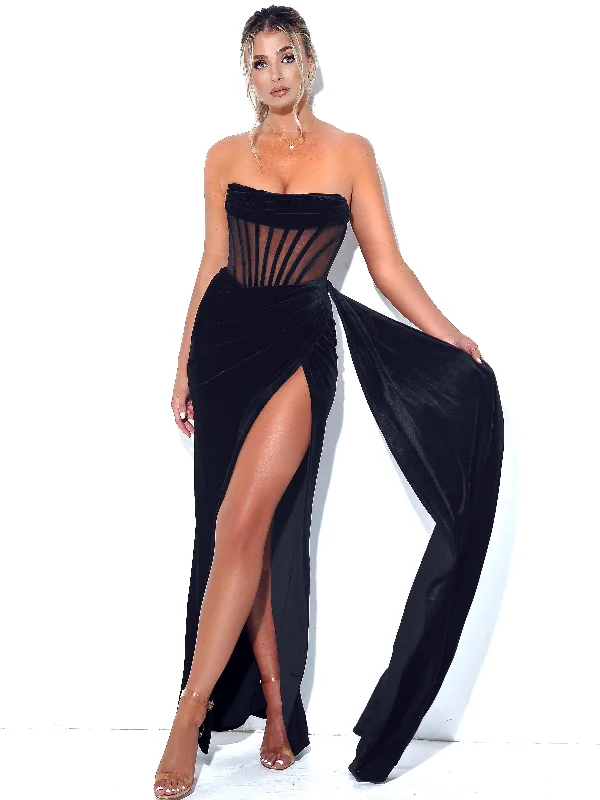 Evening dress for memorable gala-Priya Black Draping Corset High Slit Velvet Gown