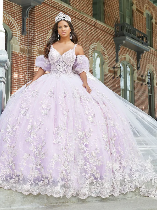 Evening dress with satin bodice-Puff Sleeve Cape Quinceanera Dress by House of Wu 26043