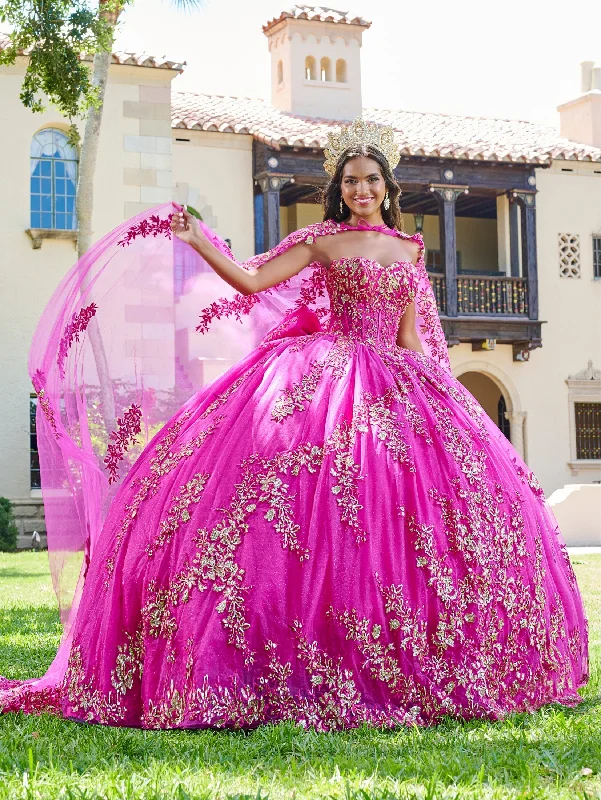 Luxury evening dress for sophisticated event-Puff Sleeve Cape Quinceanera Dress by House of Wu 26075