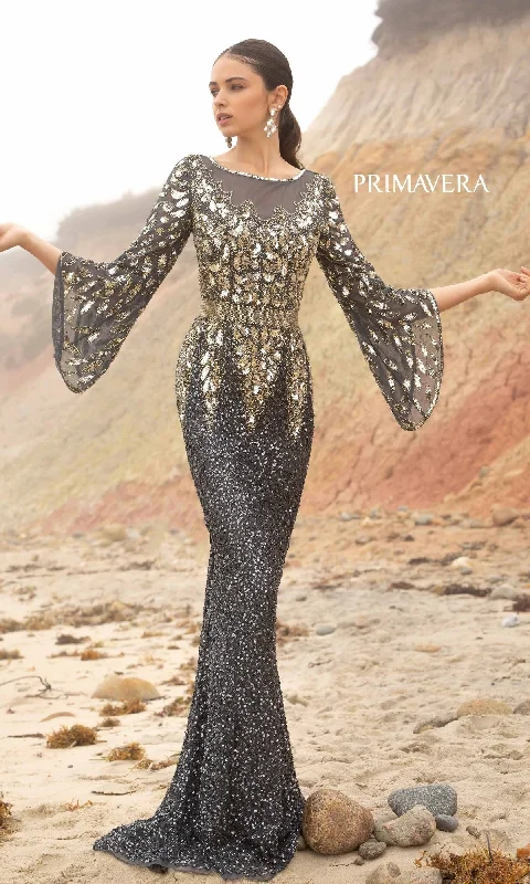 Evening dress with intricate beading-Primavera Long-Bell-Sleeve Long Beaded Gown 1424