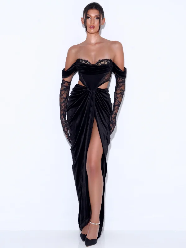 Evening dress for luxury event-Quintessa Black Lace Velvet Corset Off Shoulder Gown