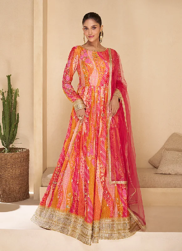 Elegant evening dress with stunning back-Rani Pink Digital Printed Embroidered Anarkali Gown Dress