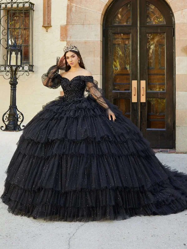 Evening dress with off-shoulder design-Tiered Puff Sleeve Quinceanera Dress by House of Wu 26068