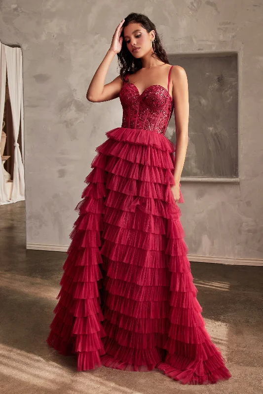 Evening dress with regal fabric-Sequin Bodice Sleeveless Ruffled Tiered Gown by Ladivine CB143 - Outlet