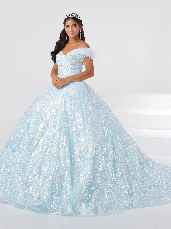 Evening dress with metallic detailing-Sequin Feather Quinceanera Dress by Fiesta Gowns 56464