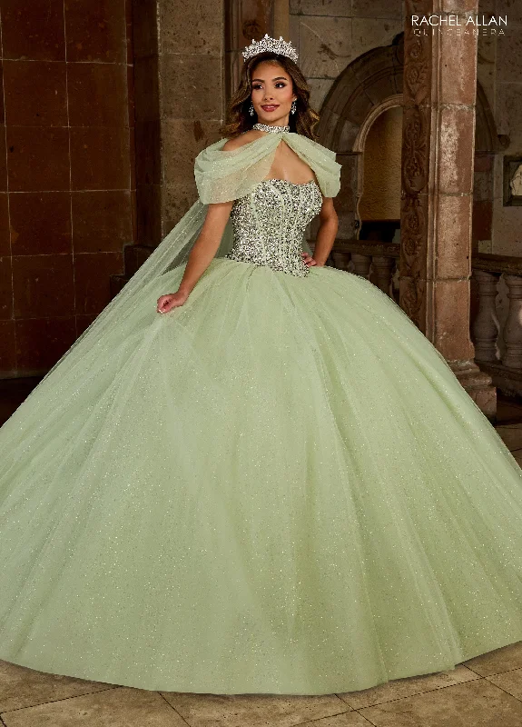 Evening dress for opulent wedding-Strapless Cape Quinceanera Dress by Rachel Allan RQ1130