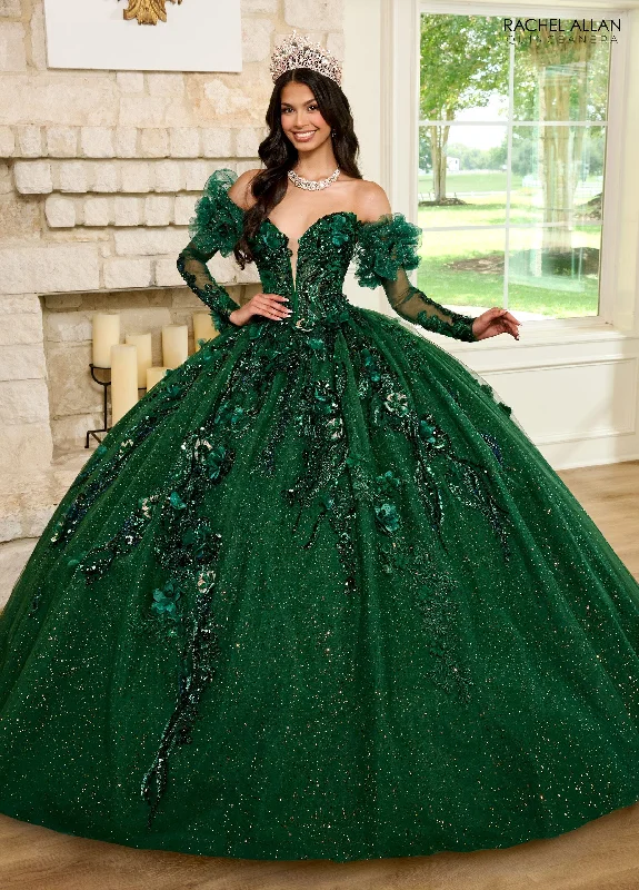 Evening dress with fabric embellishments-Strapless Puff Sleeve Quinceanera Dress by Rachel Allan RQ2184