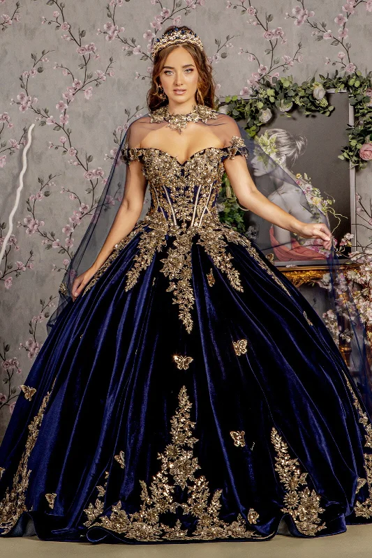 Evening dress for extraordinary event-Velvet Off Shoulder Cape Ball Gown by GLS Gloria GL3471