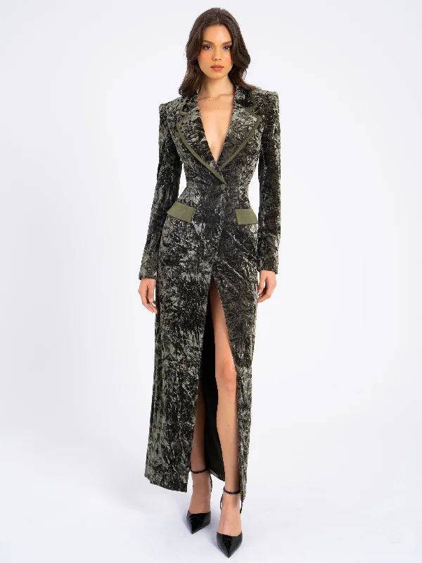 Evening dress with chiffon overlay-Willow Green Glossy Velvet High Slit Blazer Gown